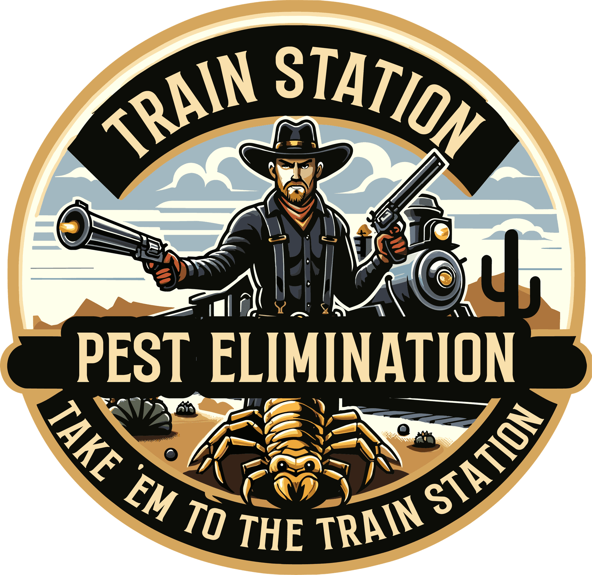 Logo 1 - Train Station Pest Logo Cowboy with 2 six shooters, scorpion with train & desert landscape background