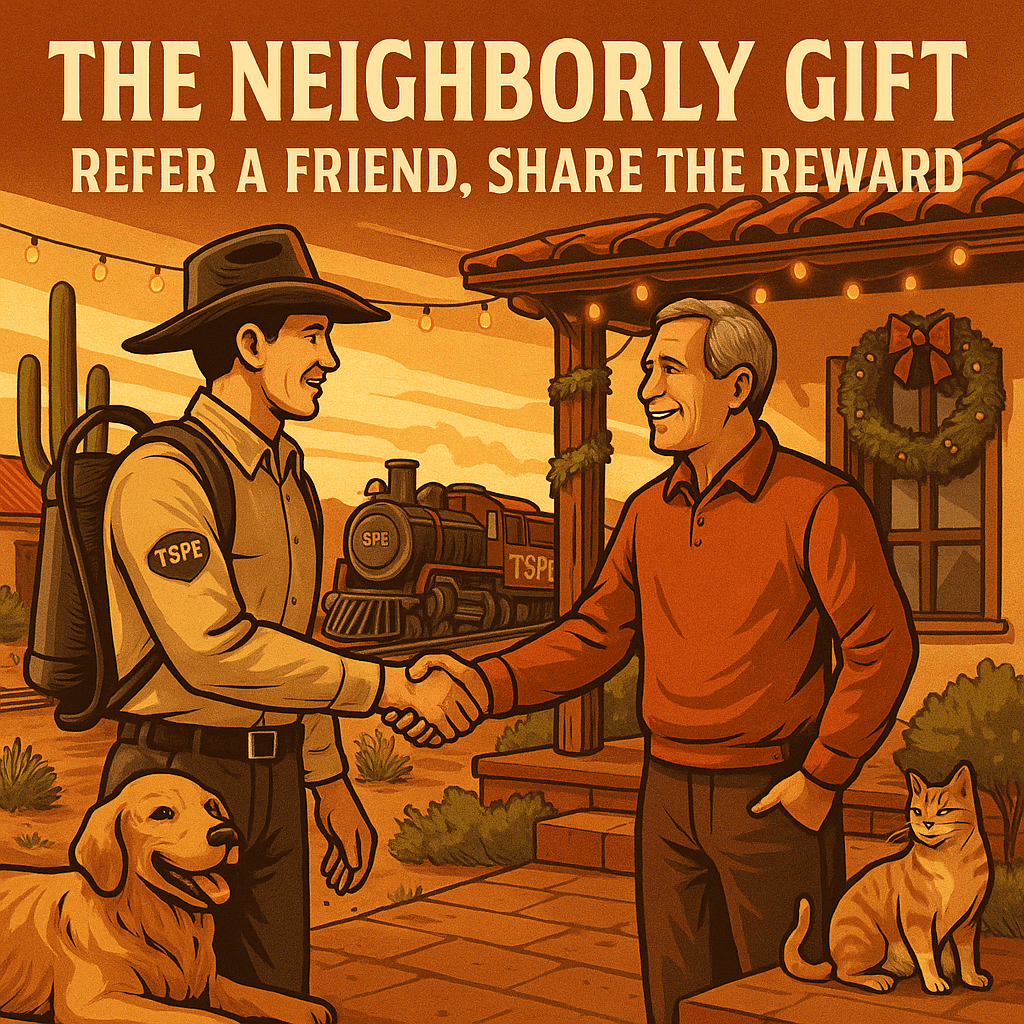 Cartoon image TSPE pest control in cowboy hat hand-shake older male customer, dog and cat nearby, holiday decorated house, vintage train engine, saguaro cactus background