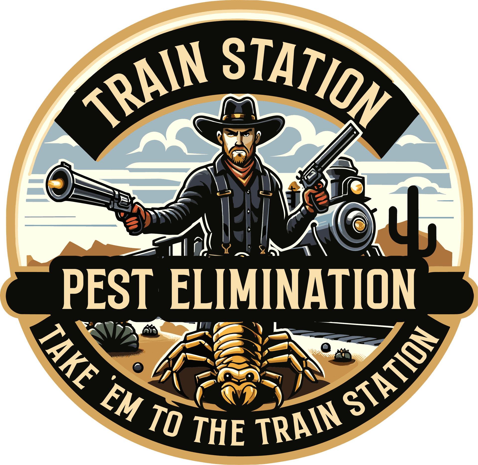 Logo Graphic Cowboy 2 pistols blazing large scorpion old west locomotive with saguaro cactus in background