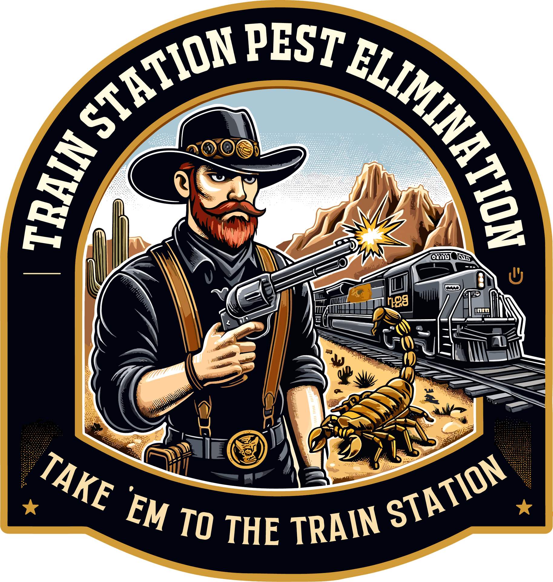 Logo Cartoon Serious Cowboy with pistol firing, big scorpion, locomotive, mountains and cactus in background