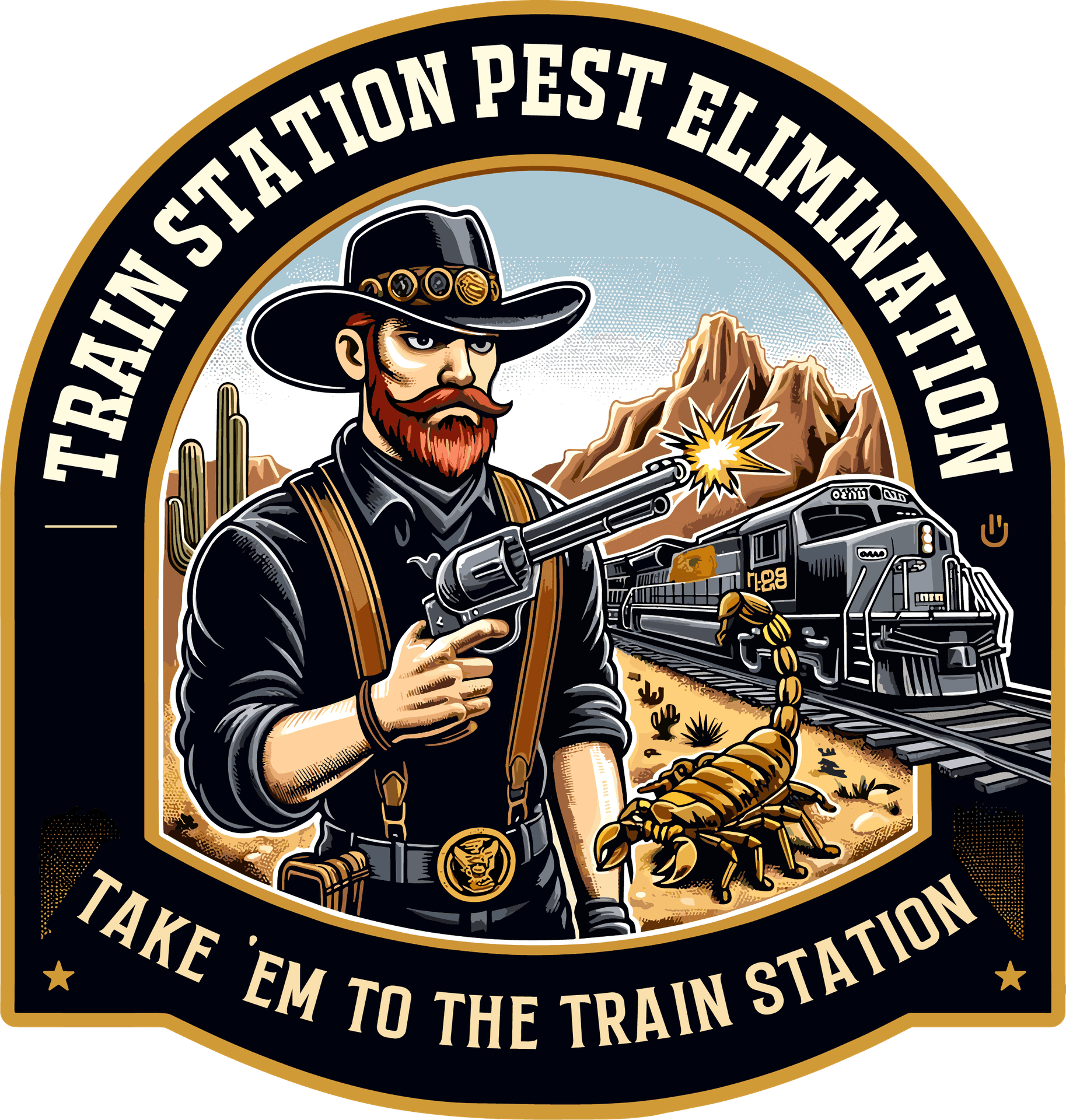 cartoon cowboy logo with 6-shooter, a brown scorpion, and railway train engine on tracks with mountain and saguaro cactus in background